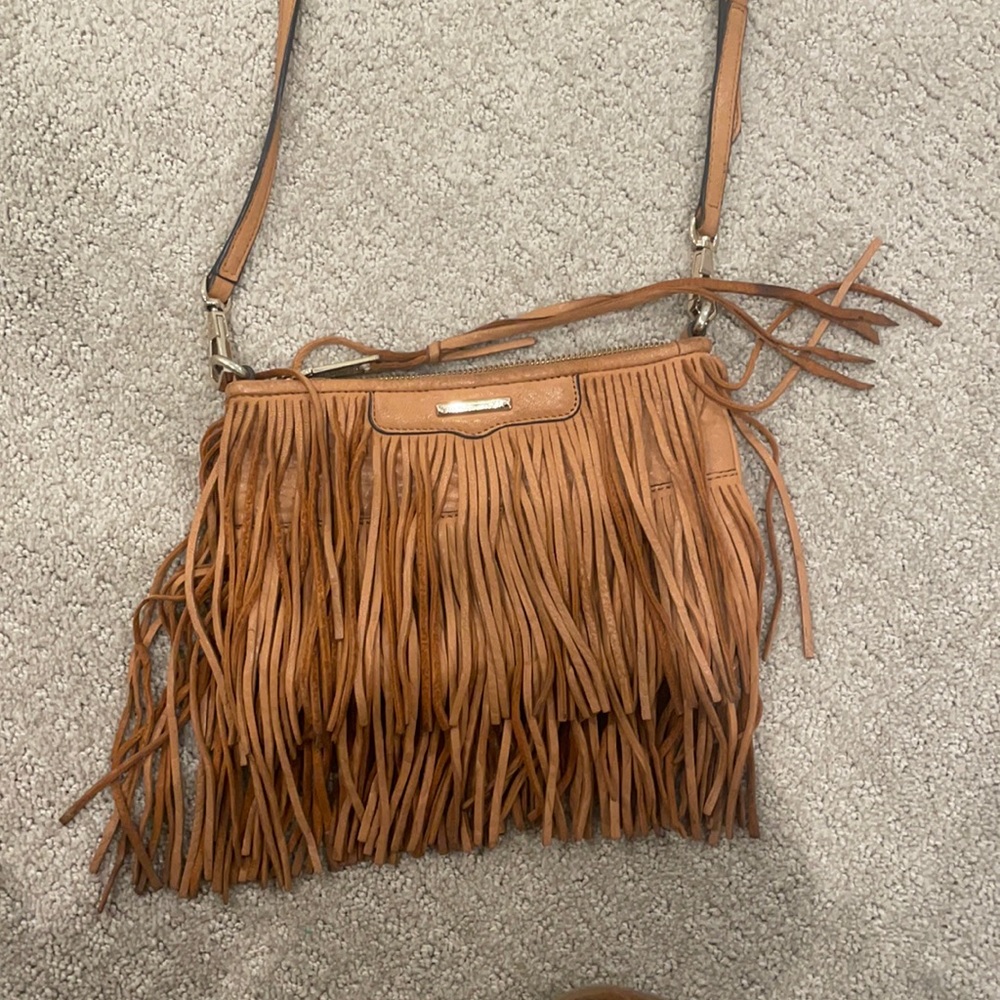 Rebecca Minkoff tan leather fringe crossbody purse